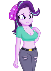 Size: 1440x2000 | Tagged: safe, artist:ah96, edit, editor:ah96, imported from derpibooru, starlight glimmer, human, equestria girls, mirror magic, spoiler:eqg specials, beanie, belly button, breast edit, breasts, busty starlight glimmer, cleavage, female, hat, midriff, ms paint, multicolored hair, nervous, purple skin, shading, shiny skin, simple background, solo, tomboy, transparent background