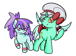 Size: 2422x1779 | Tagged: safe, artist:dinkyuniverse, imported from derpibooru, liza doolots, lyra heartstrings, petunia, tootsie flute, pony, unicorn, bow, bracelet, clothes, costume, cutie mark, ear piercing, earring, female, filly, hat, jewelry, liza (pokemon), liza (pokémon), lyra (pokemon), lyra (pokémon), lyre, mare, mother and child, mother and daughter, musical instrument, namesake, piercing, poké ball, pokéball, pokémon, pokémon trainer, ponytail, pun, simple background, smiling, tail bow, trainer, visual pun, white background