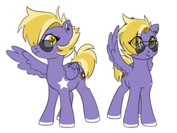 Size: 1491x1116 | Tagged: safe, artist:rosafi, imported from derpibooru, oc, oc:lila lilark, pegasus, pegasus oc, purple fur, reference sheet, sunglasses, white hooves, wings, wip, yellow eyes, yellow mane