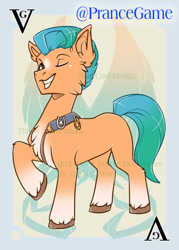 Size: 744x1038 | Tagged: safe, artist:bluekite-falls, artist:sky-railroad, imported from derpibooru, hitch trailblazer, earth pony, pony, card game, g5, male, playing card, prance card game, solo, stallion, twitter link, watermark