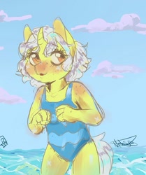 Size: 985x1181 | Tagged: safe, artist:beyond_inside, imported from derpibooru, oc, oc only, oc:snow t. chaos, anthro, unicorn, blushing, clothes, cloud, eyelashes, female, horn, one-piece swimsuit, outdoors, swimsuit, unicorn oc, water