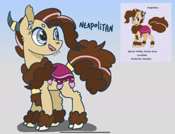 Size: 2184x1668 | Tagged: safe, artist:caramelbolt24, imported from derpibooru, oc, oc only, oc:neapolitan, hybrid, pony, abstract background, chest fluff, cloven hooves, duo, ear fluff, interspecies offspring, looking back, offspring, parent:pinkie pie, parent:prince rutherford, parents:pinkieford, signature, tail wrap
