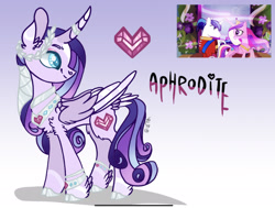 Size: 2202x1668 | Tagged: safe, artist:caramelbolt24, imported from derpibooru, princess cadance, shining armor, oc, oc:aphrodite, alicorn, pony, unicorn, abstract background, alicorn oc, chest fluff, clothes, curved horn, ear fluff, female, horn, horn ring, jewelry, looking back, male, mare, offspring, parent:princess cadance, parent:shining armor, parents:shiningcadance, ring, screencap reference, signature, smiling, stallion, two toned wings, wings