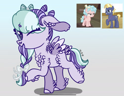 Size: 2136x1668 | Tagged: safe, artist:caramelbolt24, imported from derpibooru, cozy glow, star tracker, oc, unnamed oc, earth pony, pegasus, pony, abstract background, chest fluff, colt, crack ship offspring, ear fluff, female, filly, male, mare, offspring, one eye closed, parent:cozy glow, parent:star tracker, pegasus oc, raised hoof, screencap reference, signature, wings, wink