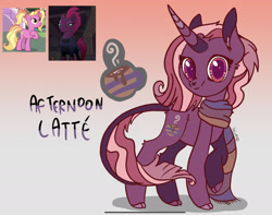 Size: 2116x1668 | Tagged: safe, artist:caramelbolt24, imported from derpibooru, luster dawn, tempest shadow, oc, oc:afternoon latte, classical unicorn, pony, unicorn, abstract background, clothes, cloven hooves, crack ship offspring, ear fluff, female, horn, leonine tail, magical lesbian spawn, mare, offspring, parent:luster dawn, parent:tempest shadow, raised hoof, scarf, screencap reference, signature, smiling, unicorn oc, unshorn fetlocks