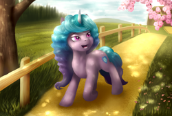 Size: 1900x1280 | Tagged: safe, artist:ray-frost, imported from derpibooru, izzy moonbow, pony, unicorn, cloud, female, fence, flower, g5, grass, open mouth, scenery, sky, solo, tree