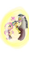 Size: 540x1080 | Tagged: safe, artist:cocolove2176, imported from derpibooru, discord, fluttershy, draconequus, pegasus, pony, abstract background, blushing, bust, discoshy, female, heart, male, mare, plushie, shipping, smiling, straight