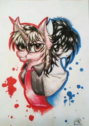 Size: 726x1024 | Tagged: safe, artist:maryhoovesfield, imported from derpibooru, earth pony, pony, unicorn, bust, clothes, death note, duo, ear fluff, grin, horn, ponified, signature, smiling, traditional art