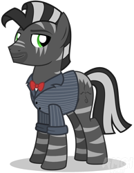 Size: 1508x1947 | Tagged: safe, artist:amgiwolf, imported from derpibooru, oc, oc only, pony, zebra, bowtie, clothes, male, signature, simple background, smiling, solo, stallion, suit, transparent background, zebra oc
