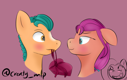 Size: 1624x1024 | Tagged: safe, artist:happydays0602, imported from derpibooru, hitch trailblazer, sunny starscout, earth pony, pony, blushing, female, floppy ears, g5, heart, looking at each other, male, mare, pink background, shipping, signature, simple background, stallion, straight, sunnyhitch