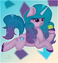 Size: 3813x4096 | Tagged: safe, artist:n_trickstar, imported from derpibooru, izzy moonbow, pony, unicorn, abstract background, ball, bracelet, female, g5, high res, izzy's tennis ball, jewelry, mare, solo, tennis ball, unshorn fetlocks