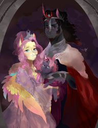 Size: 1000x1304 | Tagged: safe, artist:bunnari, imported from derpibooru, fluttershy, king sombra, oc, anthro, pegasus, pony, semi-anthro, unguligrade anthro, unicorn, alternate universe, baby, bust, couple, crown, family, female, group portrait, jewelry, male, mare, offspring, parent and child, parent:fluttershy, parent:king sombra, parents:sombrashy, portrait, regalia, shipping, sombrashy, stallion, straight, trio