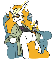 Size: 746x829 | Tagged: safe, artist:jargon scott, imported from ponybooru, oc, oc only, oc:dyx, alicorn, pony, alcohol, alicorn oc, applejack daniel's, armchair, bathrobe, chair, cigarette, clothes, female, hand, horn, jack daniels, magic, magic hands, mare, robe, simple background, sitting, smoking, solo, white background, wings