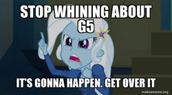 Size: 800x446 | Tagged: safe, edit, edited screencap, imported from derpibooru, screencap, trixie, equestria girls, rainbow rocks, caption, g5, image macro, impact font, makeameme.org, meme, mouthpiece, text, trixie yells at everything