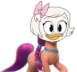 Size: 514x476 | Tagged: safe, edit, imported from ponybooru, earth pony, pony, beak, bow, ducktales, female, hair bow, mare, simple background, smiling, solo, transparent background, what has science done
