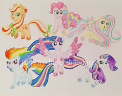 Size: 1080x850 | Tagged: safe, artist:mmy_little_drawings, imported from derpibooru, applejack, fluttershy, pinkie pie, rainbow dash, rarity, twilight sparkle, earth pony, pegasus, pony, unicorn, eyelashes, female, hat, horn, mane six, mare, rainbow power, smiling, spread wings, traditional art, two toned wings, watermark, wings