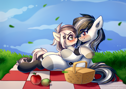 Size: 1414x1000 | Tagged: safe, artist:chaosangeldesu, imported from derpibooru, oc, oc only, earth pony, pony, apple, basket, blushing, clothes, cuddling, female, food, hair accessory, looking at each other, male, outdoors, picnic, picnic basket, picnic blanket, smiling, socks