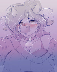Size: 3300x4164 | Tagged: safe, artist:ardail, imported from derpibooru, oc, oc:mocha latte, anthro, cow, bell, blushing, cowbell, cowified, crying, floppy ears, pogchamp, species swap, tears of joy