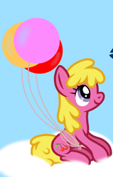 Size: 634x1000 | Tagged: safe, artist:apronspawn, edit, imported from derpibooru, cherry berry, first base, earth pony, pony, background pony, balloon, cloud, female, lying down, lying on a cloud, mare, offscreen character, on a cloud, simple background, sitting, sitting on a cloud, sitting on cloud, sky, sky background, smiling, solo, solo female, solo focus