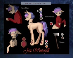 Size: 1080x859 | Tagged: safe, artist:radiogaga.art, imported from derpibooru, oc, oc only, earth pony, pony, axe, bust, clothes, earth pony oc, insanity, male, reference sheet, stallion, story included, weapon