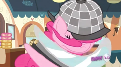 Size: 496x276 | Tagged: safe, imported from derpibooru, screencap, pinkie pie, earth pony, pony, mmmystery on the friendship express, season 2, cartoon physics, deerstalker, detective, female, frame, great moments in animation, hat, hub logo, hub network, magnifying glass, smear frame