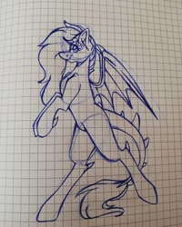 Size: 1080x1350 | Tagged: safe, artist:tessa_key_, imported from derpibooru, oc, oc only, bat pony, pony, bat pony oc, bat wings, eyelashes, graph paper, lineart, rearing, solo, traditional art, wings