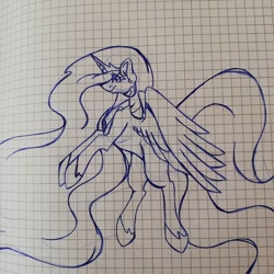 Size: 1080x1080 | Tagged: safe, artist:tessa_key_, imported from derpibooru, princess celestia, alicorn, pony, eyelashes, female, graph paper, hoof shoes, horn, jewelry, lineart, mare, peytral, rearing, solo, tiara, traditional art, wings