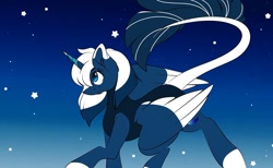 Size: 1080x667 | Tagged: safe, artist:tessa_key_, imported from derpibooru, oc, oc only, oc:moonlight, alicorn, pony, alicorn oc, colored hooves, eyelashes, female, horn, leonine tail, mare, night, solo, stars, two toned wings, wings