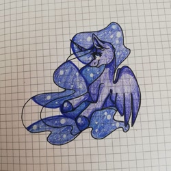 Size: 1080x1080 | Tagged: safe, artist:tessa_key_, imported from derpibooru, princess luna, alicorn, pony, bust, colored hooves, ethereal mane, eyelashes, female, graph paper, horn, mare, smiling, solo, starry mane, traditional art, wings