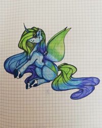 Size: 1080x1350 | Tagged: safe, artist:tessa_key_, imported from derpibooru, oc, oc only, pony, butterfly wings, colored hooves, eyelashes, female, graph paper, horn, mare, sitting, smiling, solo, traditional art, wings