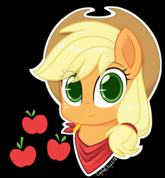 Size: 1358x1458 | Tagged: safe, artist:laylaelvy278, imported from derpibooru, applejack, earth pony, pony, applejack's hat, black background, bust, cowboy hat, cute, cutie mark, female, hat, jackabetes, mare, neckerchief, portrait, signature, simple background, smiling, solo, straw in mouth, white outline