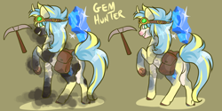 Size: 1800x900 | Tagged: safe, artist:lavvythejackalope, imported from derpibooru, oc, oc only, pony, bag, base used, brown background, duo, gem, goggles, male, pickaxe, raised hoof, saddle bag, simple background, stallion