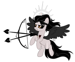 Size: 2712x2232 | Tagged: safe, artist:witchs_circle, imported from derpibooru, oc, oc only, oc:heartbreaker avenge, pegasus, pony, arrow, black sclera, blank flank, blood, bow (weapon), colored sclera, cupid, eye scar, female, flying, gritted teeth, heart, mare, scar, simple background, solo, transparent background