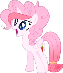 Size: 1155x1346 | Tagged: safe, artist:muhammad yunus, artist:tanahgrogot, imported from derpibooru, oc, oc only, oc:strawberries, alicorn, pony, amused, base used, female, happy, mare, not pinkie pie, open mouth, simple background, solo, transparent background, vector