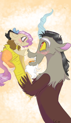 Size: 540x938 | Tagged: safe, artist:cocolove2176, imported from derpibooru, discord, oc, oc:coraliss rose, draconequus, hybrid, pony, blushing, bust, draconequus oc, father and child, father and daughter, female, holding a pony, interspecies offspring, male, offspring, open mouth, parent:discord, parent:fluttershy, parents:discoshy, smiling