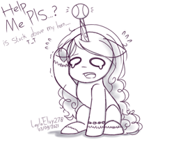 Size: 1800x1500 | Tagged: safe, artist:laylaelvy278, imported from derpibooru, izzy moonbow, pony, unicorn, adorable distress, ball, crying, cute, female, g5, horn, hornball, izzy's tennis ball, mare, monochrome, sketch, solo, tennis ball, text, traditional art