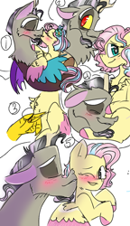 Size: 540x938 | Tagged: safe, artist:cocolove2176, imported from derpibooru, discord, fluttershy, draconequus, pegasus, pony, alternate design, blushing, colored hooves, discoshy, eyes closed, female, male, mare, one eye closed, shipping, simple background, smiling, straight, two toned wings, white background, wings, wink