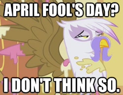 Size: 448x346 | Tagged: source needed, safe, edit, edited screencap, imported from derpibooru, screencap, gilda, griffon, griffon the brush off, 2021, april fools, cropped, fake moustache, food, grooming, not amused face, preening, solo, splatter, unamused