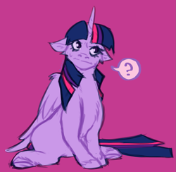 Size: 1371x1336 | Tagged: safe, artist:katedoe, imported from derpibooru, twilight sparkle, alicorn, pony, female, floppy ears, mare, pink background, question mark, simple background, sitting, solo, twilight sparkle (alicorn), unshorn fetlocks