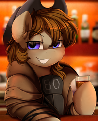 Size: 1424x1764 | Tagged: safe, artist:pridark, imported from derpibooru, imported from ponybooru, oc, oc only, oc:talu gana, earth pony, pony, fallout equestria, alcohol, beverage, commission, cowboy hat, drink, glass, hat, male, solo, stetson