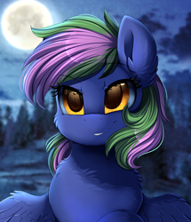 Size: 1722x2003 | Tagged: safe, artist:pridark, imported from derpibooru, imported from ponybooru, oc, oc only, oc:lishka, pegasus, pony, commission, crescent moon, moon, smiling, solo, yellow eyes