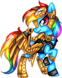 Size: 1110x1410 | Tagged: safe, artist:dasheroni, artist:scarlet-spectrum, imported from derpibooru, rainbow dash, pegasus, pony, amputee, artificial wings, augmented, badass, clothes, epic, female, goggles, looking at you, manepxls, mare, pixel art, profile, prosthetic limb, prosthetic wing, prosthetics, pxls.space, raised hoof, side view, simple background, smiling, smirk, solo, steampunk, transparent background, wings