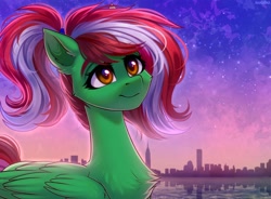 Size: 2724x2000 | Tagged: safe, artist:hakaina, imported from derpibooru, oc, oc only, oc:spring wind, pegasus, pony, beautiful, city, cityscape, female, folded wings, looking up, orange eyes, ponytail, reflection, skyline, slim, smiling, solo, water, wings