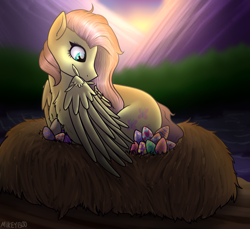 Size: 2209x2020 | Tagged: safe, artist:mikeyboo, derpibooru exclusive, imported from derpibooru, fluttershy, pegasus, pony, behaving like a bird, easter, easter egg, egg, fluttermom, grooming, holiday, nest, preening, solo, sunset