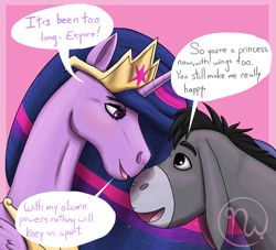 Size: 2200x2000 | Tagged: safe, artist:azurllinate, imported from derpibooru, twilight sparkle, alicorn, donkey, pony, the last problem, accessories, accessory, adjustment burro, black hair, blushing, crossover, crossover shipping, crown, disney, eeyore, ethereal mane, female, interspecies, jewelry, larger female, looking at each other, love, mad (tv series), mad magazine, male, mare, multicolored mane, older, older twilight, peytral, princess twilight 2.0, purple eyes, regalia, shipping, size difference, smiling, speech, speech bubble, starry mane, talking, tiara, twilight sparkle (alicorn), twiyore, winnie the pooh