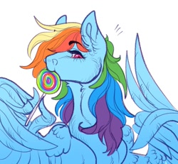 Size: 1083x1000 | Tagged: safe, artist:snowberry, imported from derpibooru, rainbow dash, pegasus, pony, candy, eating, food, lollipop, simple background, solo, white background, wing hands, wings