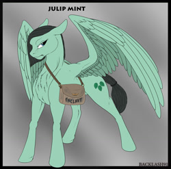 Size: 1280x1265 | Tagged: safe, artist:backlash91, imported from derpibooru, oc, oc only, oc:julip mint, oc:mint julip, pegasus, pony, fallout equestria, abstract background, angry, chest fluff, enclave, fallout equestria: renewal, fanfic art, female, full body, glare, looking at you, mailbag, mare, scowl, short mane, signature, solo, spread wings, standing, wings