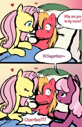 Size: 560x867 | Tagged: safe, artist:ende26, color edit, edit, imported from derpibooru, big macintosh, cheerilee, fluttershy, earth pony, pegasus, pony, bed, bedroom eyes, blushing, cheerimac, colored, comic, cropped, dialogue, female, floating heart, fluttermac, heart, male, mare, shipping, stallion, straight, surprised, sweat