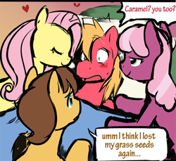 Size: 560x514 | Tagged: safe, artist:ende26, color edit, edit, imported from derpibooru, big macintosh, caramel, cheerilee, fluttershy, earth pony, pegasus, pony, bed, bedroom eyes, big macintosh gets all the mares, bisexual, blushing, caramac, caramel lost the grass seeds, cheerimac, colored, cropped, dialogue, everypony's gay for big mac, eyes closed, female, floating heart, fluttermac, gay, heart, male, mare, open mouth, shipping, shocked, single panel, speech bubble, stallion, straight, sweat