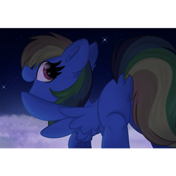 Size: 1800x1800 | Tagged: safe, artist:lbrcloud, artist:littleblackraencloud, imported from derpibooru, rainbow dash, pegasus, pony, female, flying, looking at you, looking back, looking back at you, mare, night, open mouth, smiling, solo